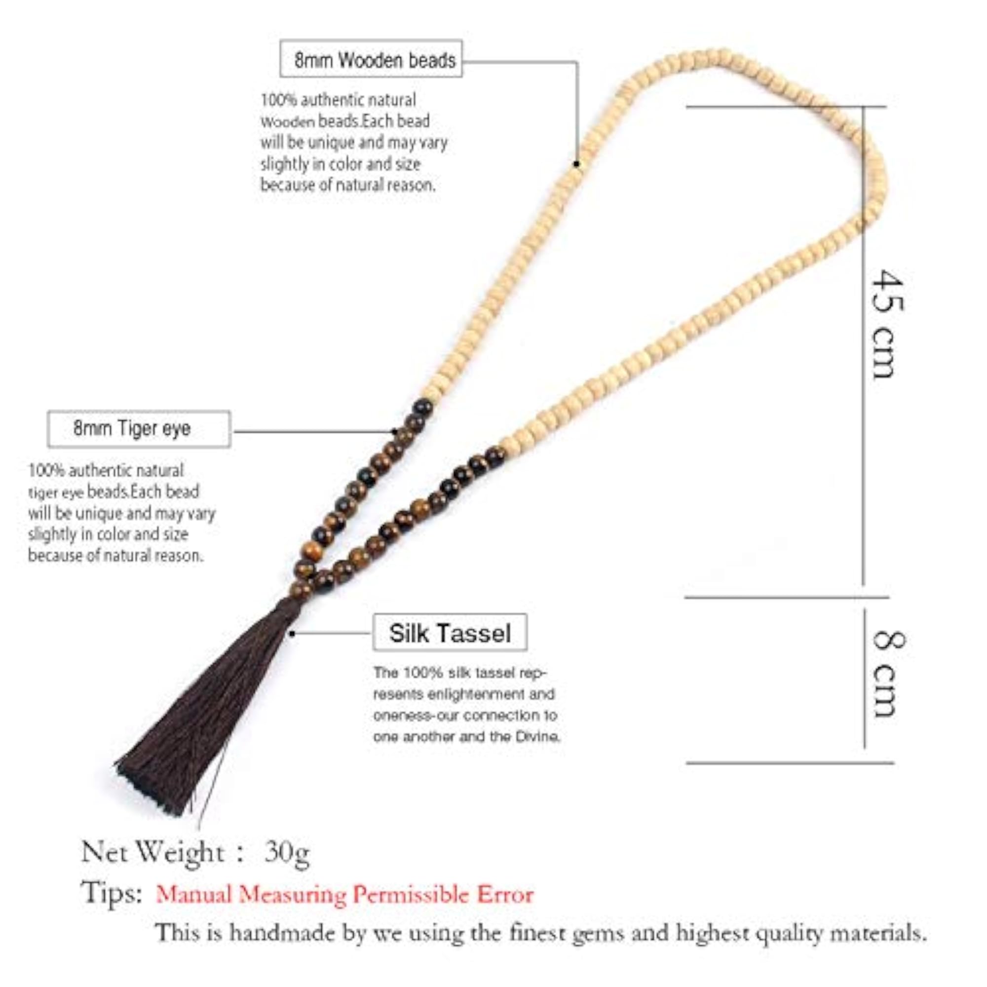 8MM Semi-Precious Gem Stone Wood Mala Bead Necklace